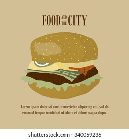Fast food vector illustration with burger. Design elements for print, web, and other uses. Colorful stylish fast food icon on colored background with place for text and caption.