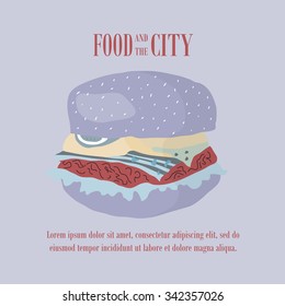 Fast food vector illustration with burger. Design elements for print, web, and other uses. Colorful stylish fast food icon on colored background with place for text and caption.