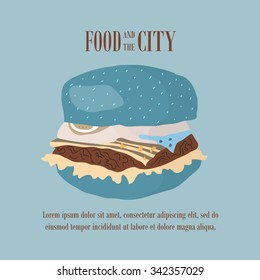 Fast food vector illustration with burger. Design elements for print, web, and other uses. Colorful stylish fast food icon on colored background with place for text and caption.