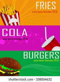 fast food vector illustration with burger,fries and cola. Food banners for food court, restaurants, cafes, service delivery, menu design
