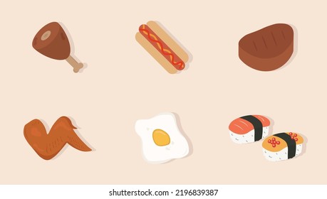 Fast food vector illustration food clipart set consists of fried chicken, fried egg, sausage, fish and meat.