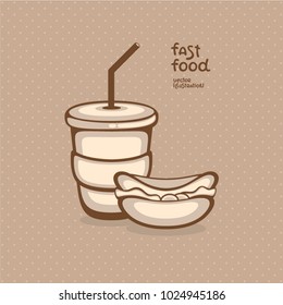 Fast Food vector illustration. Cola and hot dog. Monochrome design for takeout menu and logo.