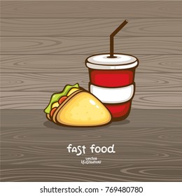 Fast Food vector illustration. Cola and sandwich on wood background. Design for street food cafe, menu and logo.