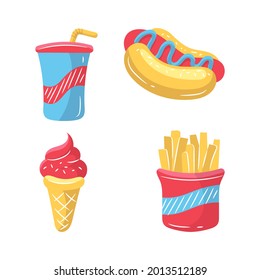 Fast Food vector illustration, coloring hand drawn sketching style