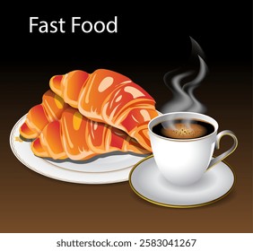 Fast food vector illustration with croissant and hot coffee.