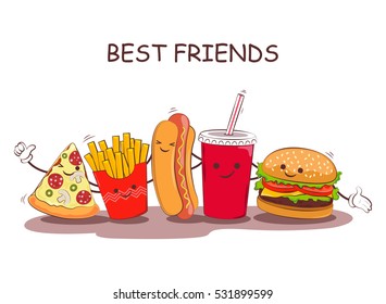 Fast food. Vector illustration of fast food. Cute best friends picture with the image of fast food. Image fast food in vintage style. 