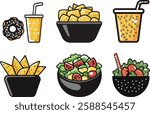Fast Food Vector Illustration: Doughnut, Drinks, Chips, and Salad Bowls Isolated on White Background