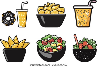 Fast Food Vector Illustration: Doughnut, Drinks, Chips, and Salad Bowls Isolated on White Background