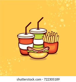 Fast Food vector illustration. Drinks, hotdog and french fries. Design for takeout menu and logo.