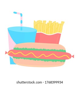 Fast food vector illustration. Fast-food of french fries, hot dog icon and soda drink illustration. Set of flat fast food.