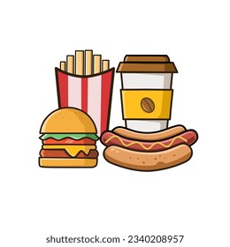 Fast food vector illustration. Flat design. Burger, hotdog, french fries, and coffee. 