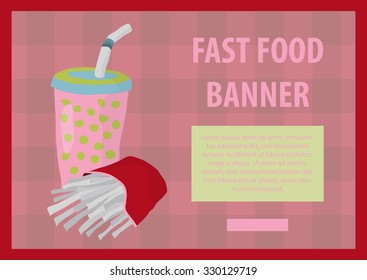Fast food vector illustration with fries and cola. Design elements for print, web, and other uses. Colorful stylish fast food icon on colored background with place for text and caption.