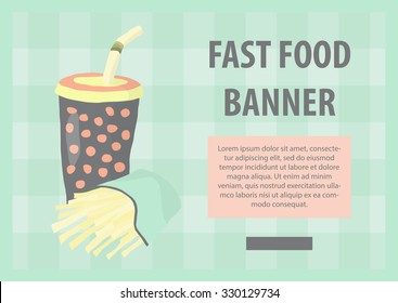 Fast food vector illustration with fries and cola. Design elements for print, web, and other uses. Colorful stylish fast food icon on colored background with place for text and caption.