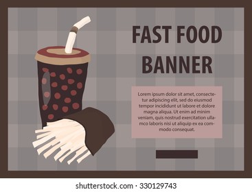 Fast food vector illustration with fries and cola. Design elements for print, web, and other uses. Colorful stylish fast food icon on colored background with place for text and caption.