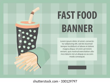 Fast food vector illustration with fries and cola. Design elements for print, web, and other uses. Colorful stylish fast food icon on colored background with place for text and caption.