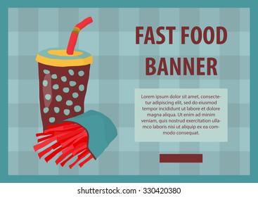 Fast food vector illustration with fries and cola. Design elements for print, web, and other uses. Colorful stylish fast food icon on colored background with place for text and caption.