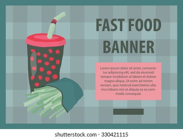Fast food vector illustration with fries and cola. Design elements for print, web, and other uses. Colorful stylish fast food icon on colored background with place for text and caption.