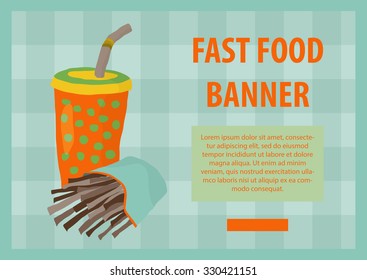 Fast food vector illustration with fries and cola. Design elements for print, web, and other uses. Colorful stylish fast food icon on colored background with place for text and caption.