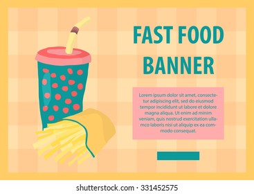 Fast food vector illustration with fries and cola. Design elements for print, web, and other uses. Colorful stylish fast food icon on colored background with place for text and caption.