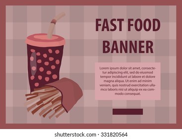 Fast food vector illustration with fries and cola. Design elements for print, web, and other uses. Colorful stylish fast food icon on colored background with place for text and caption.