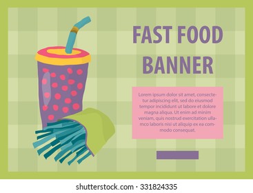 Fast food vector illustration with fries and cola. Design elements for print, web, and other uses. Colorful stylish fast food icon on colored background with place for text and caption.