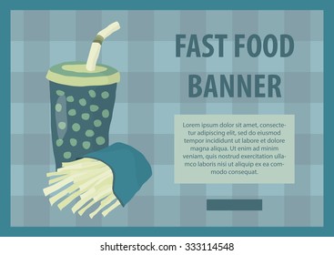 Fast food vector illustration with fries and cola. Design elements for print, web, and other uses. Colorful stylish fast food icon on colored background with place for text and caption.