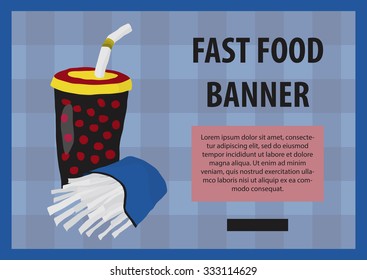 Fast food vector illustration with fries and cola. Design elements for print, web, and other uses. Colorful stylish fast food icon on colored background with place for text and caption.