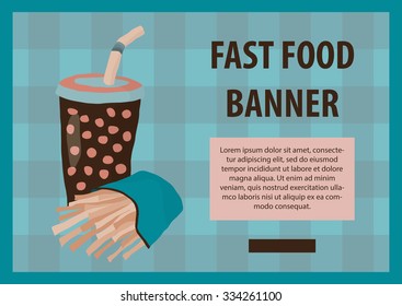 Fast food vector illustration with fries and cola. Design elements for print, web, and other uses. Colorful stylish fast food icon on colored background with place for text and caption.