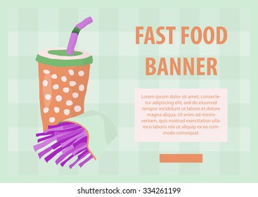 Fast food vector illustration with fries and cola. Design elements for print, web, and other uses. Colorful stylish fast food icon on colored background with place for text and caption.