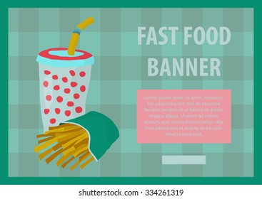 Fast food vector illustration with fries and cola. Design elements for print, web, and other uses. Colorful stylish fast food icon on colored background with place for text and caption.