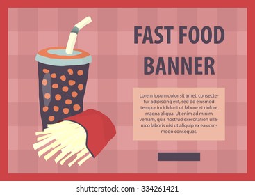 Fast food vector illustration with fries and cola. Design elements for print, web, and other uses. Colorful stylish fast food icon on colored background with place for text and caption.