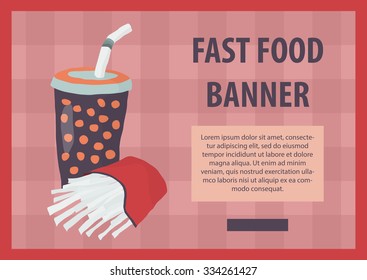 Fast food vector illustration with fries and cola. Design elements for print, web, and other uses. Colorful stylish fast food icon on colored background with place for text and caption.