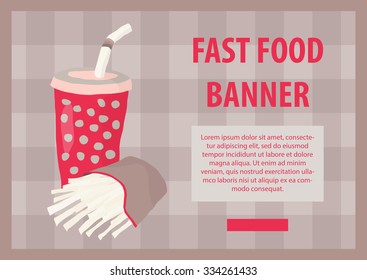 Fast food vector illustration with fries and cola. Design elements for print, web, and other uses. Colorful stylish fast food icon on colored background with place for text and caption.