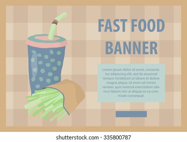 Fast food vector illustration with fries and cola. Design elements for print, web, and other uses. Colorful stylish fast food icon on colored background with place for text and caption.