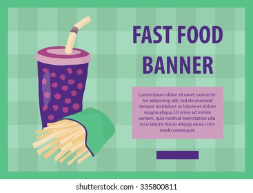 Fast food vector illustration with fries and cola. Design elements for print, web, and other uses. Colorful stylish fast food icon on colored background with place for text and caption.