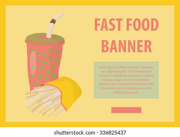 Fast food vector illustration with fries and cola. Design elements for print, web, and other uses. Colorful stylish fast food icon on colored background with place for text and caption.
