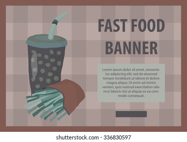 Fast food vector illustration with fries and cola. Design elements for print, web, and other uses. Colorful stylish fast food icon on colored background with place for text and caption.