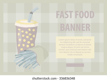Fast food vector illustration with fries and cola. Design elements for print, web, and other uses. Colorful stylish fast food icon on colored background with place for text and caption.