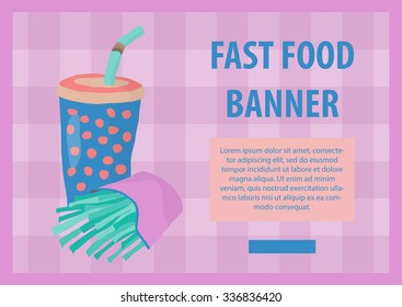 Fast food vector illustration with fries and cola. Design elements for print, web, and other uses. Colorful stylish fast food icon on colored background with place for text and caption.
