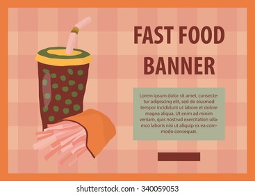 Fast food vector illustration with fries and cola. Design elements for print, web, and other uses. Colorful stylish fast food icon on colored background with place for text and caption.