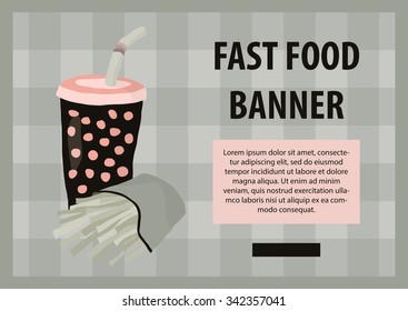 Fast food vector illustration with fries and cola. Design elements for print, web, and other uses. Colorful stylish fast food icon on colored background with place for text and caption.