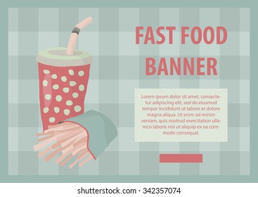 Fast food vector illustration with fries and cola. Design elements for print, web, and other uses. Colorful stylish fast food icon on colored background with place for text and caption.