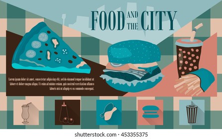 Fast food vector illustration with fries, cola, burger and pizza. Design elements for print, web, and other uses. Colorful stylish fast food icons on colored background with place for text and caption
