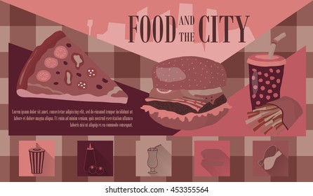 Fast food vector illustration with fries, cola, burger and pizza. Design elements for print, web, and other uses. Colorful stylish fast food icons on colored background with place for text and caption