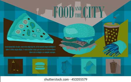Fast food vector illustration with fries, cola, burger and pizza. Design elements for print, web, and other uses. Colorful stylish fast food icons on colored background with place for text and caption