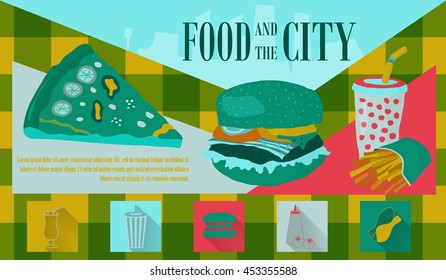 Fast food vector illustration with fries, cola, burger and pizza. Design elements for print, web, and other uses. Colorful stylish fast food icons on colored background with place for text and caption