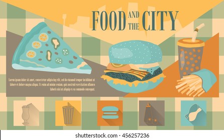 Fast food vector illustration with fries, cola, burger and pizza. Design elements for print, web, and other uses. Colorful stylish fast food icons on colored background with place for text and caption