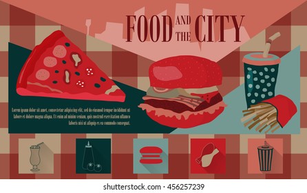 Fast food vector illustration with fries, cola, burger and pizza. Design elements for print, web, and other uses. Colorful stylish fast food icons on colored background with place for text and caption