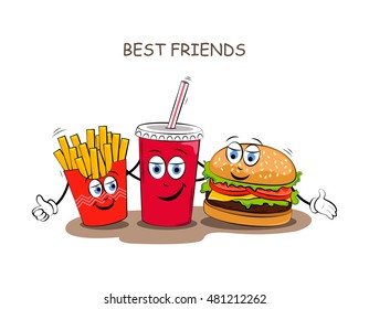 Fast food. Vector illustration of fast food. Funny picture of best friends with the image of fast food.