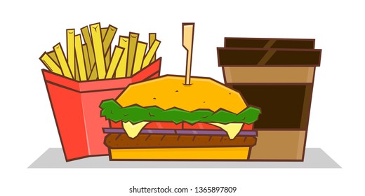 fast food vector illustration, hamburger, french fries and coffee